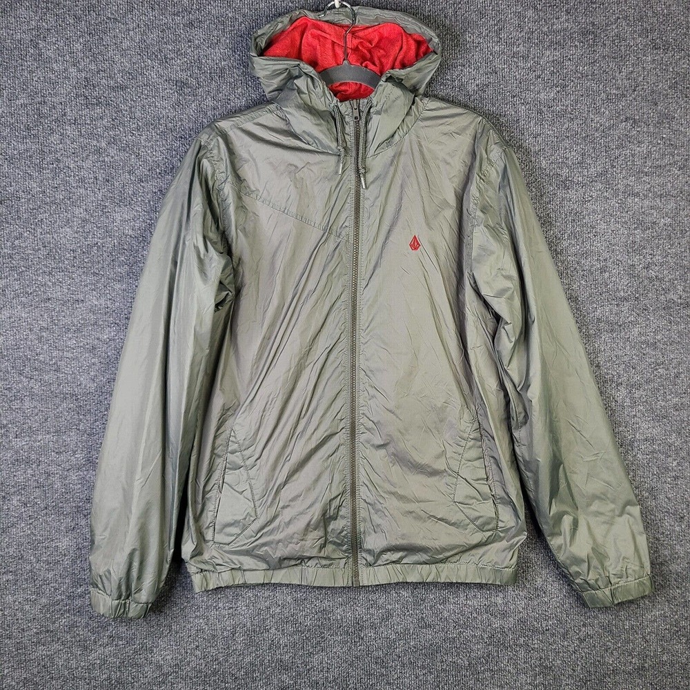 Volcom Watch Out Jacket Men's M Slate Gray Red Full Zip Nylon Water Resistant